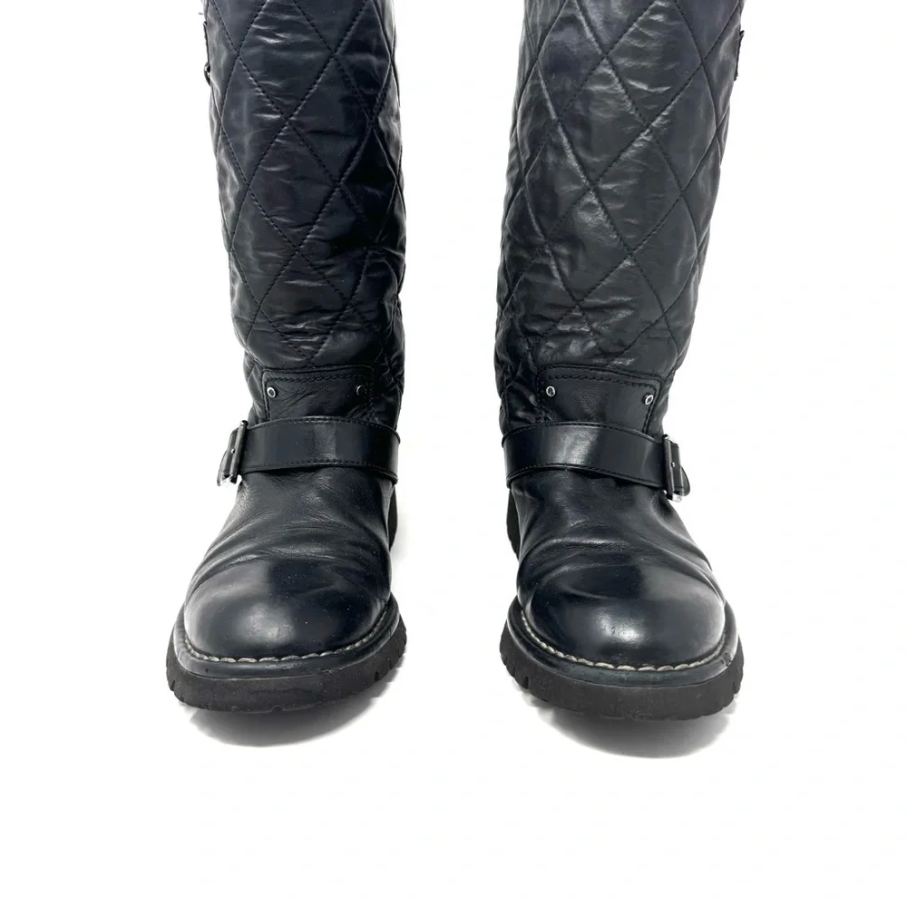 Chanel Black Quilted Calfskin Leather Biker Boots – CC Logo Moto Style (Sz 38.5)